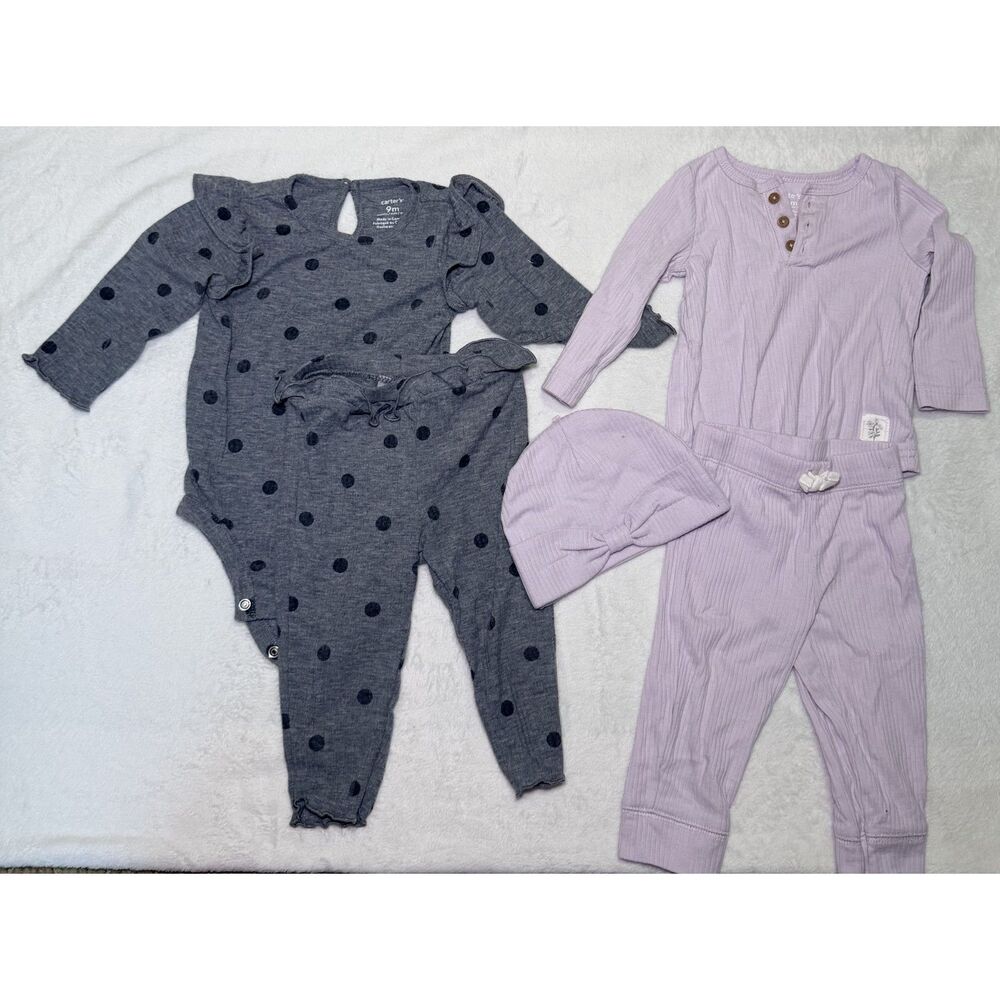 Carter's Baby 9 Months Bundle Purple Pants Set with Hat and Polka Dot Gray Set